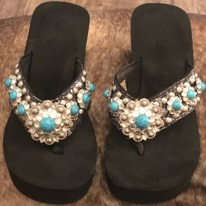 Gracie Black Turquoise Embellished Wedges